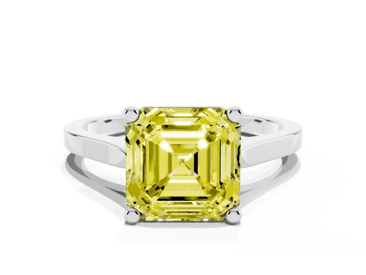 Fancy Yellow Asscher Cut Solitaire Diamond Ring with Four-Prong Setting and Tapered Band Silver