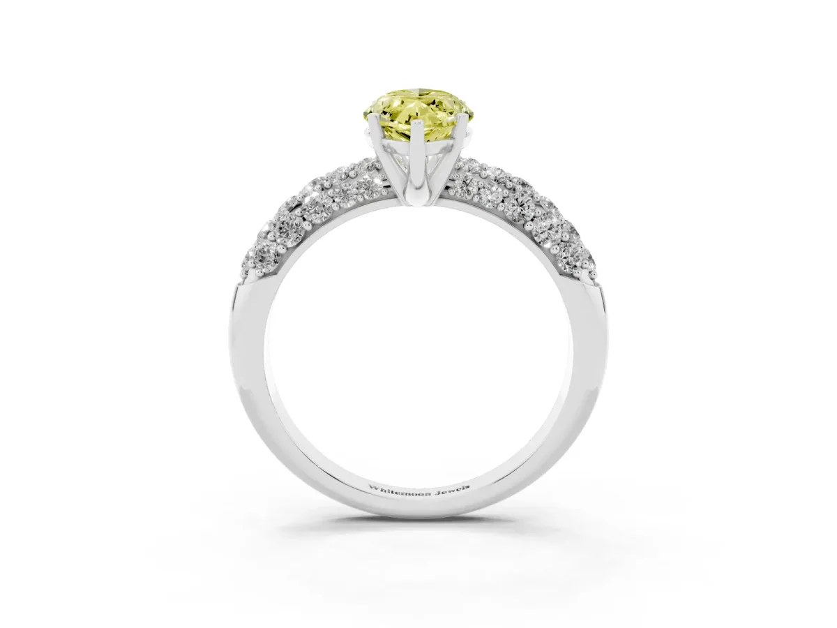 Fancy Yellow Marquise Cut Diamond Pavé Band Solitaire Ring with Four-Prong Setting Silver