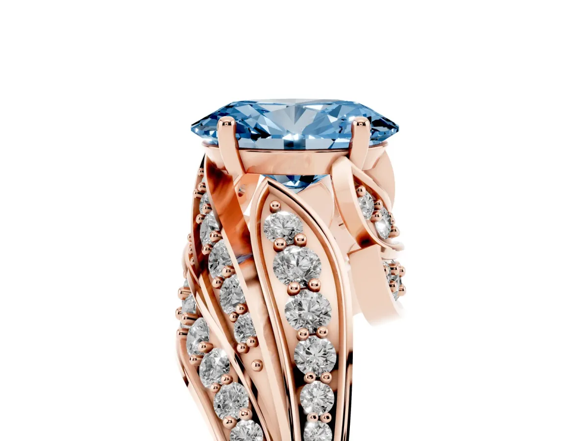 Fancy Blue Oval Cut Diamond Solitaire Ring with Prong Setting and Twisted Pavé Band Rose gold