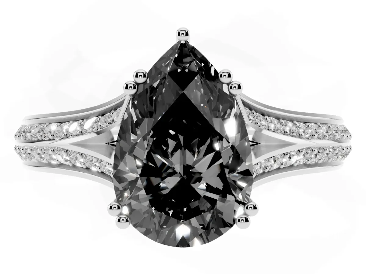Fancy Black Pear Cut Diamond Split Shank Engagement Ring with Pavé Band Silver