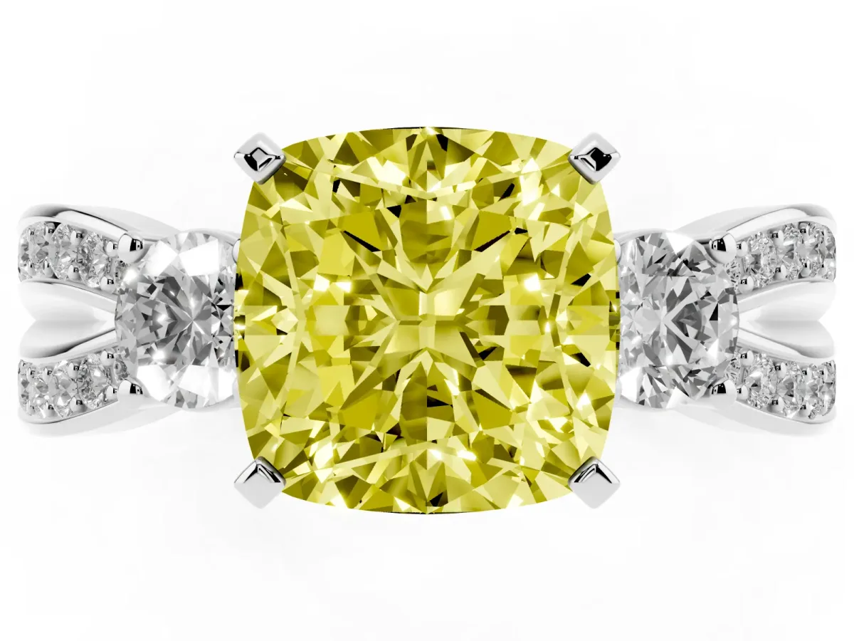 Fancy Yellow Three-Stone Cushion Cut Cut Diamond Twist Band with Prong Setting Silver