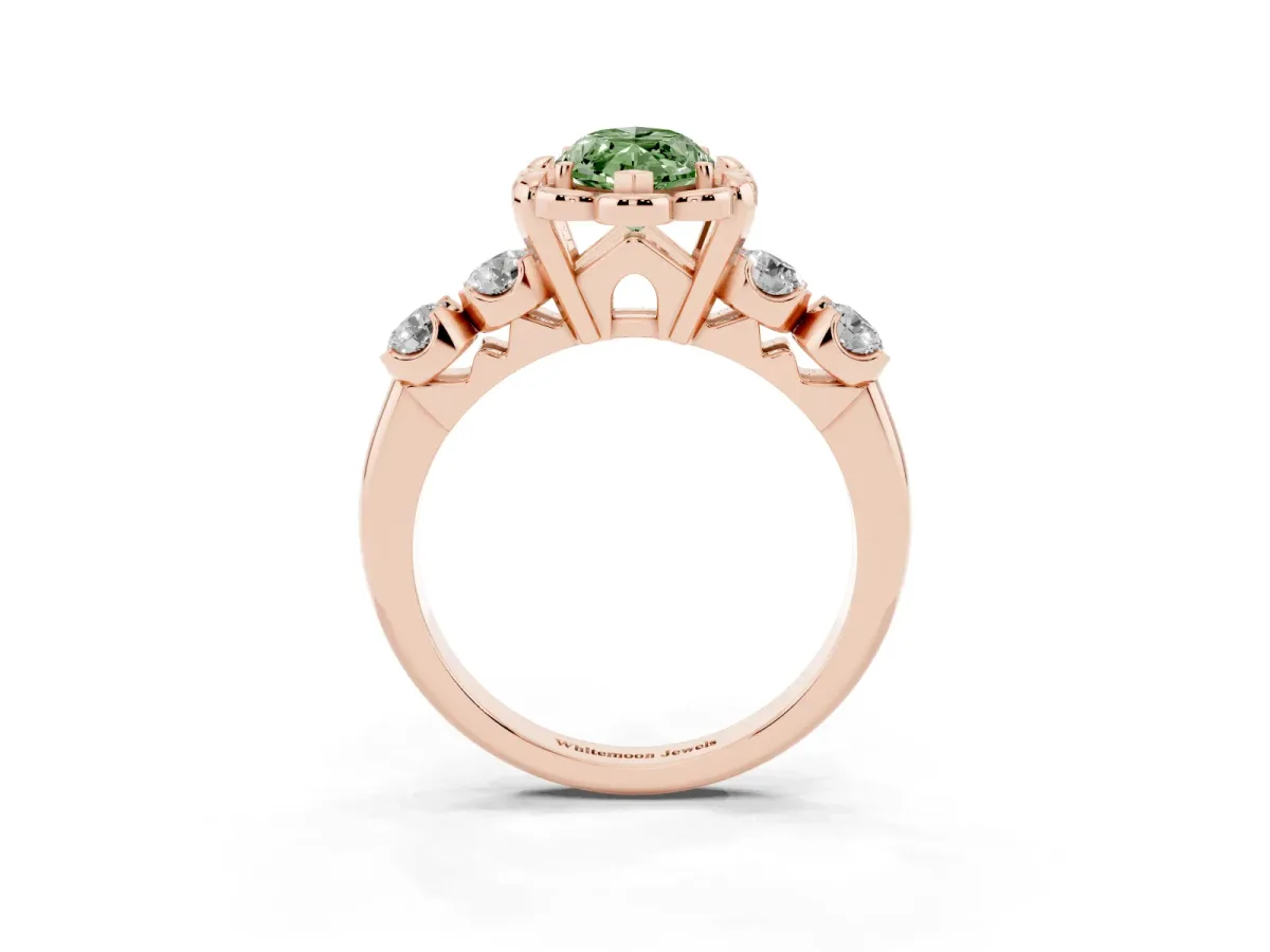 Fancy Green Marquise Cut Cut Diamond Floral Halo Engagement Ring with Shared Prong Setting Rose gold