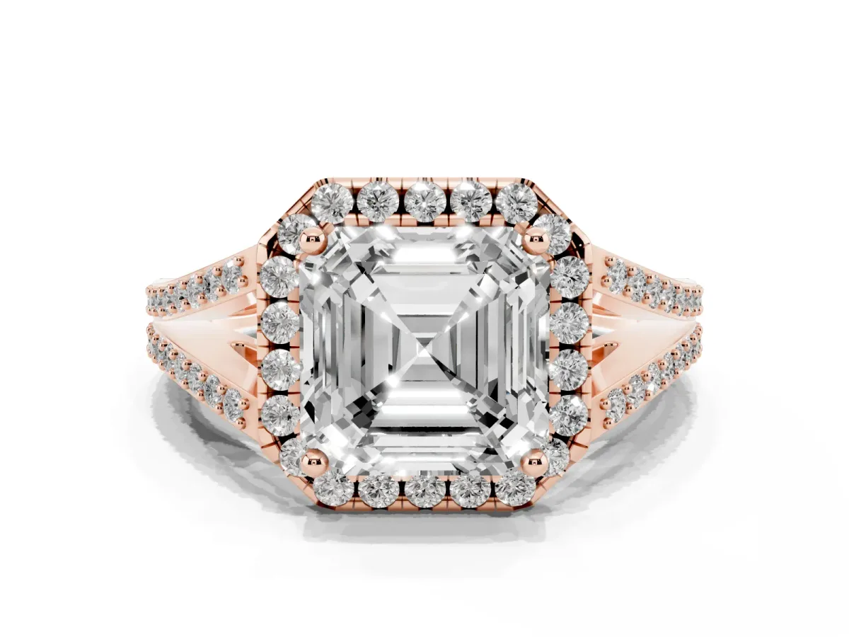 Asscher Cut Halo Split Shank Diamond Ring with Prong Setting Rose gold