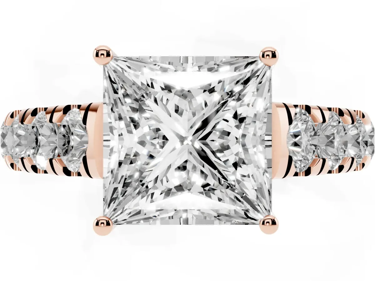 Princess Cut Cut Diamond Solitaire Ring with Micro Pave Band and Prong Setting Rose gold