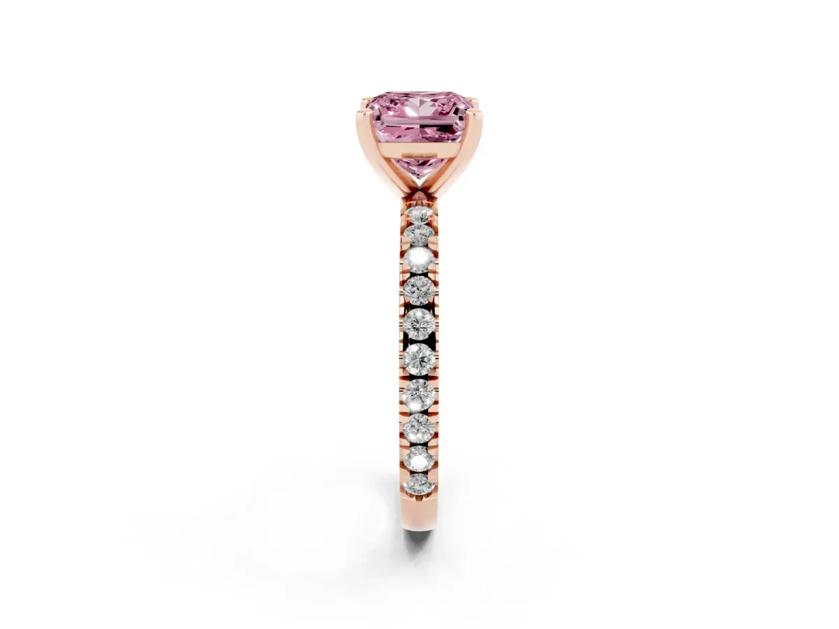 Fancy Pink Princess Cut Diamond Pavé Band Solitaire with Four-Prong Setting Rose gold