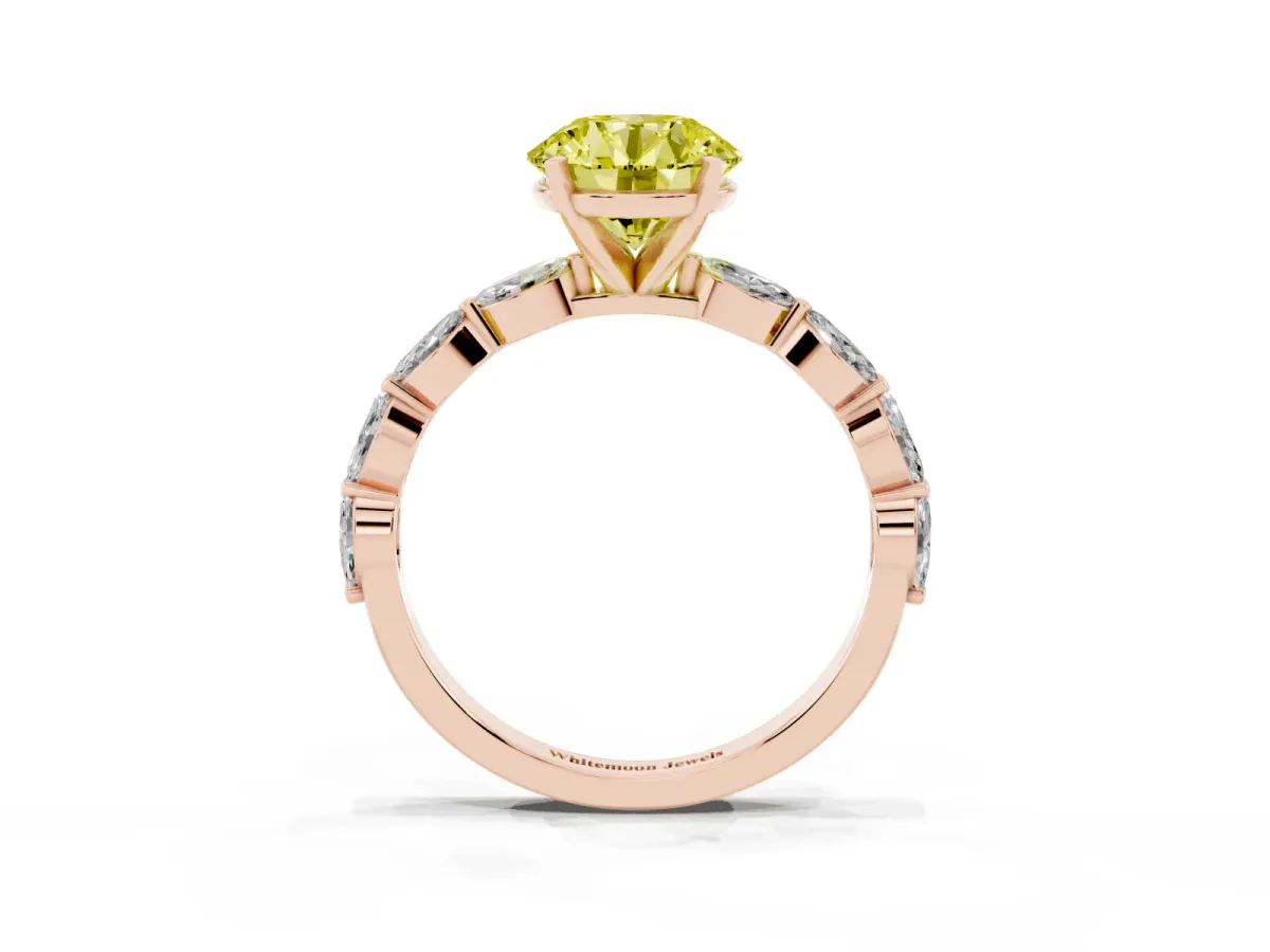 Fancy Yellow Round Cut Diamond Ring with Marquise Side Stones and Prong Setting Rose gold