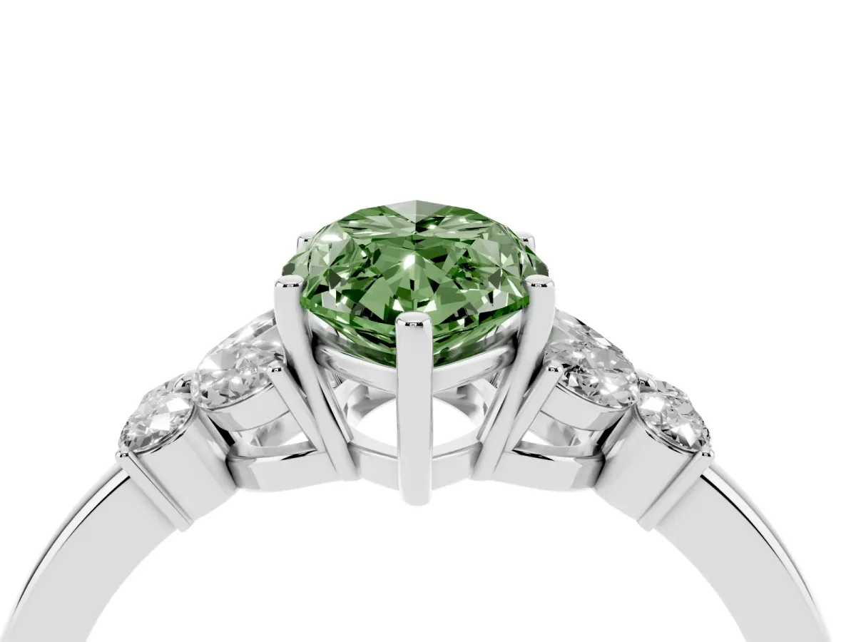 Fancy Green Marquise Cut Cut Solitaire Floral Diamond Ring with Four-Prong Setting Silver
