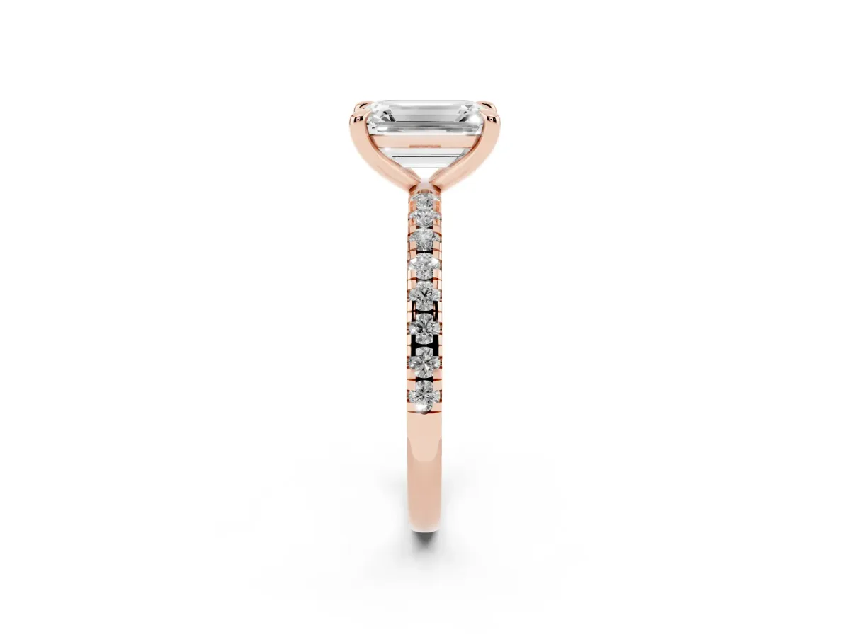 Emerald Cut Diamond Brilliant Solitaire Ring with Pavé Band and Four-Prong Setting Rose gold