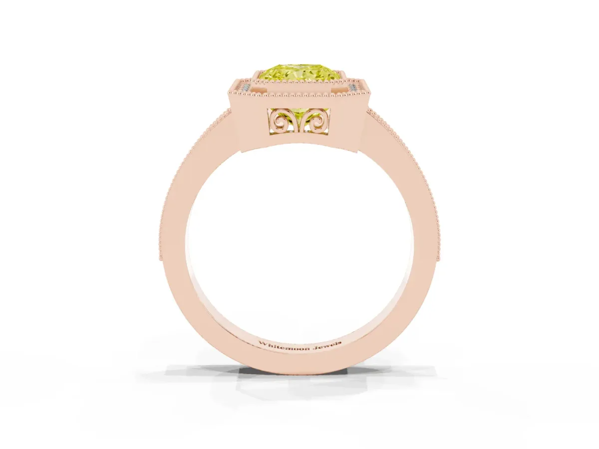 Fancy Yellow Radiant Cut Cut Halo Diamond Ring with Pavé Band and Milgrain Prong Setting Rose gold