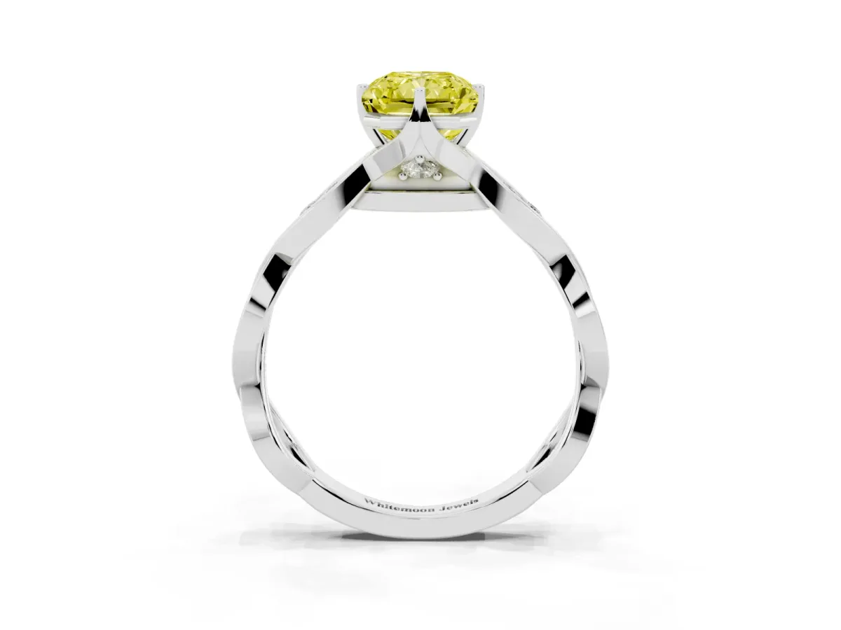 Fancy Yellow Radiant Cut Solitaire Twist Band with Leaf Prong Setting Silver