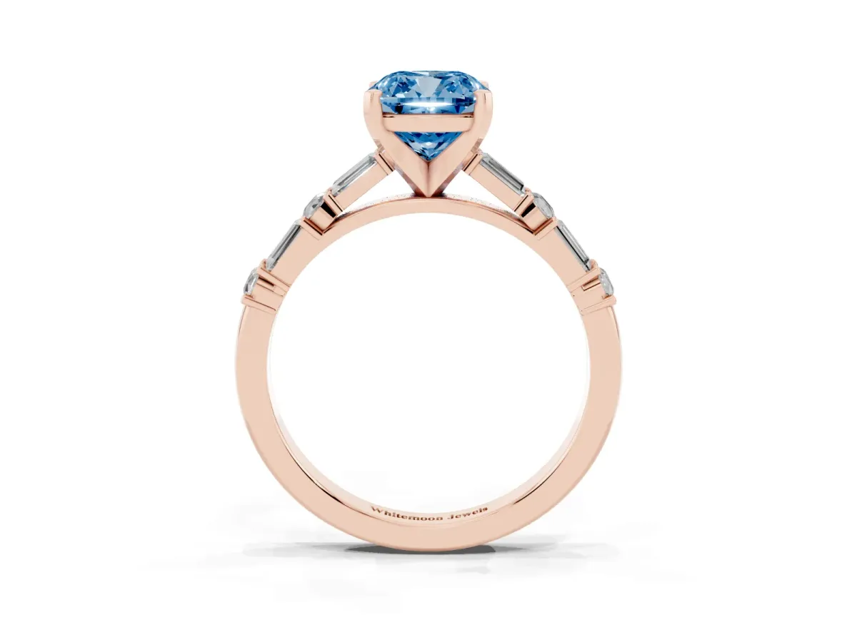 Fancy Blue Cushion Cut Diamond Solitaire with Side Baguettes and Channel Set Band Rose gold