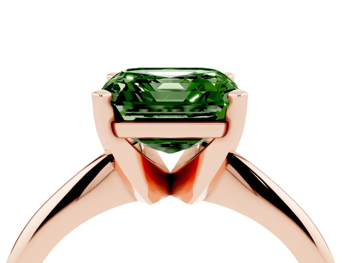 Fancy Green Asscher Cut Cut Solitaire Ring with Four-Prong Setting on a Classic Band Rose gold