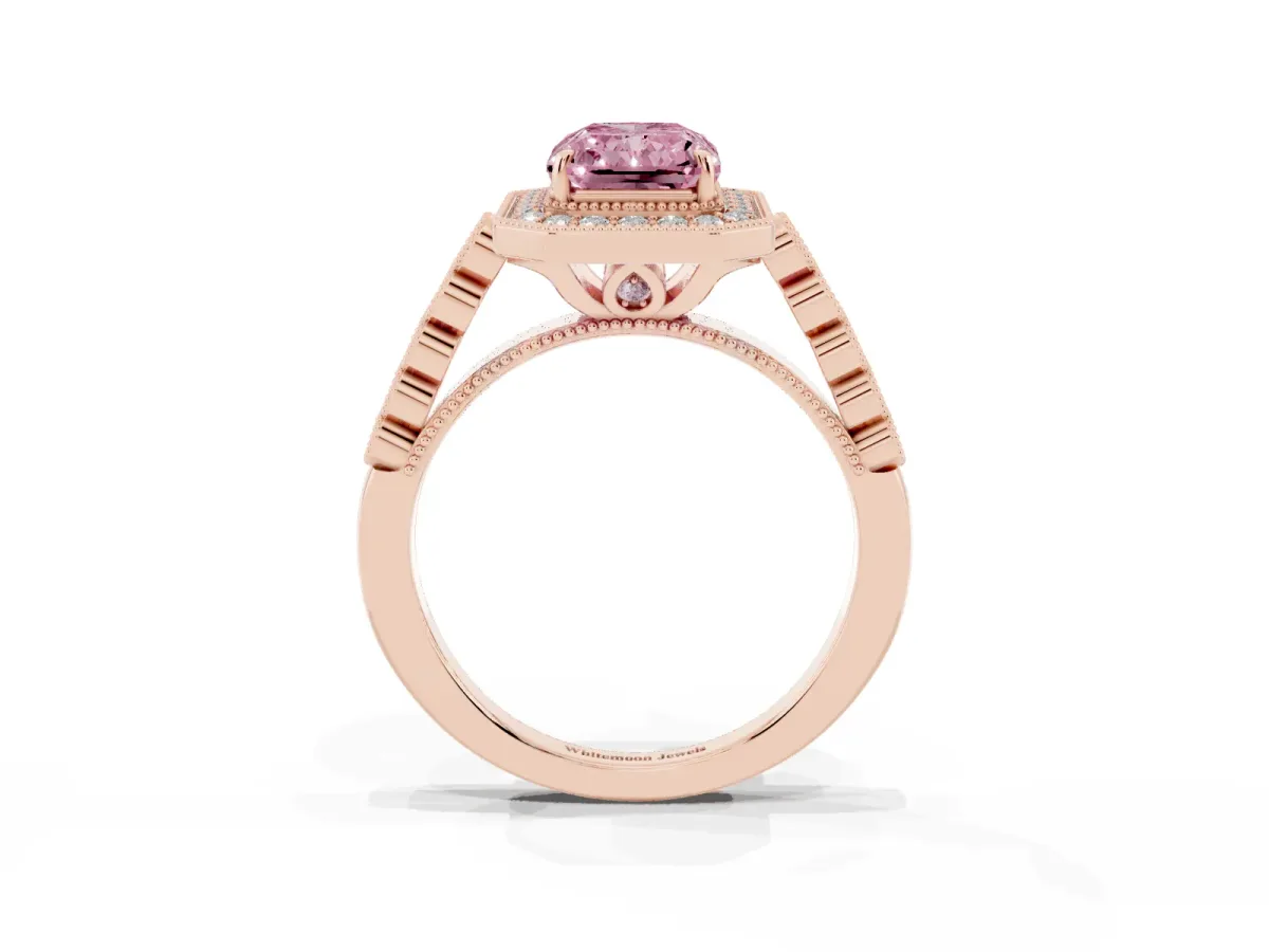 Fancy Pink Radiant Cut Halo Milgrain Solitaire with Bezel Set Side Stones and Pave Band Rose gold