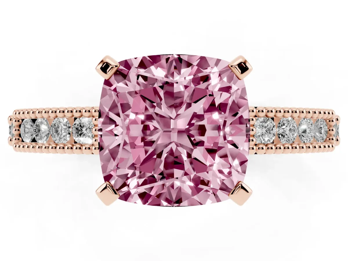 Fancy Pink Cushion Cut Solitaire with Pavé Band and Four-Prong Setting Rose gold