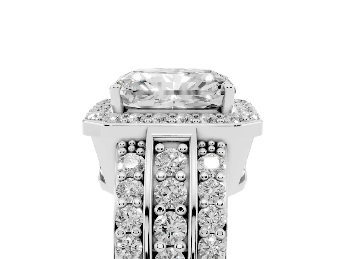 Radiant Cut Halo Diamond Ring with Round Split Shank and Prong Setting Silver