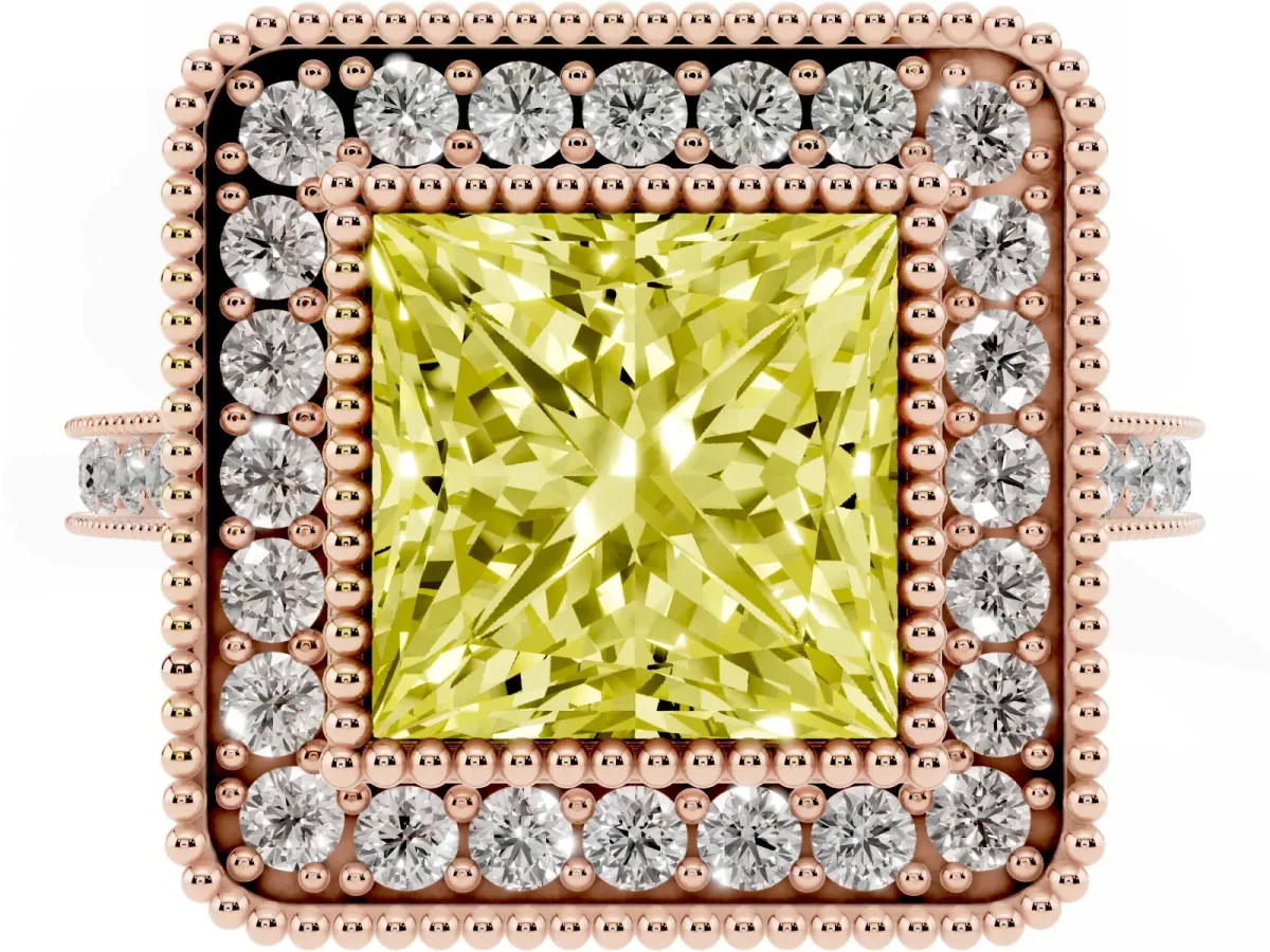 Fancy Yellow Princess Cut Diamond Halo Ring with Milgrain Frame and Pavé Band Rose gold