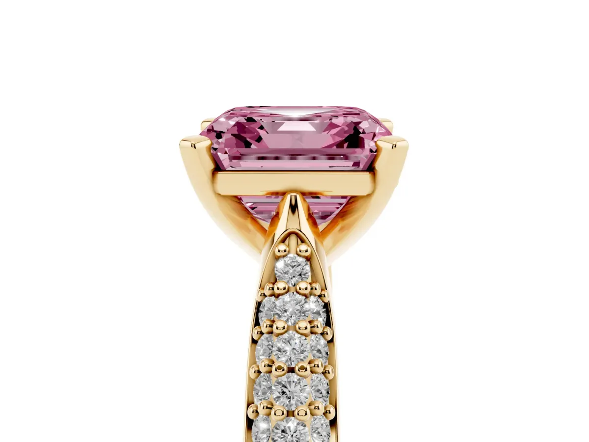 Fancy Pink Asscher Cut Diamond Solitaire Engagement Ring with Multi-Row Round Pavé Band and Prong Setting Yellow gold