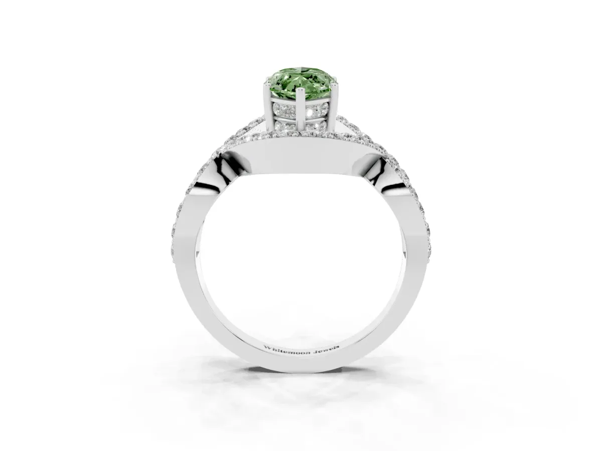 Fancy Green Marquise Cut Solitaire Twist Band Pavé Diamond Engagement Ring Silver