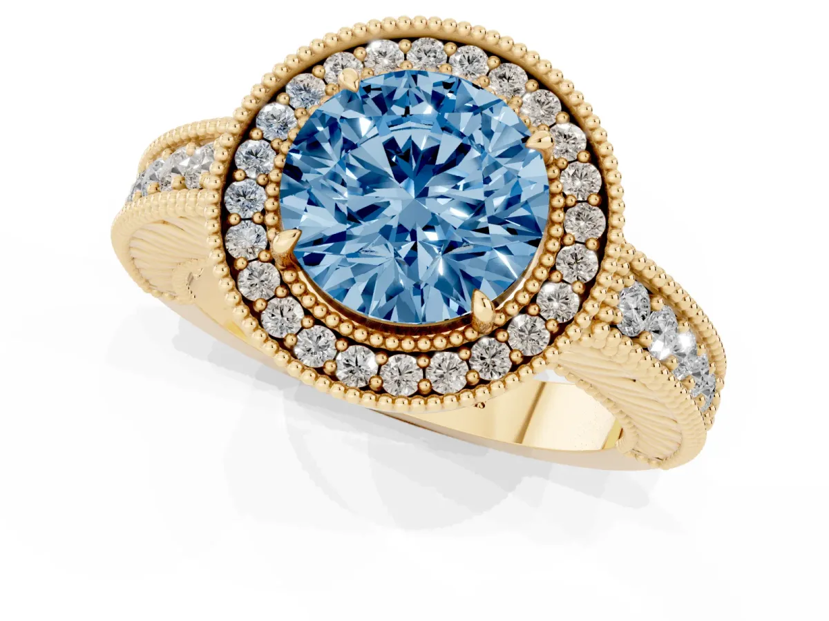 Fancy Blue Round Cut Cut Halo Diamond Ring with Pavé Band and Four-Prong Setting Yellow gold