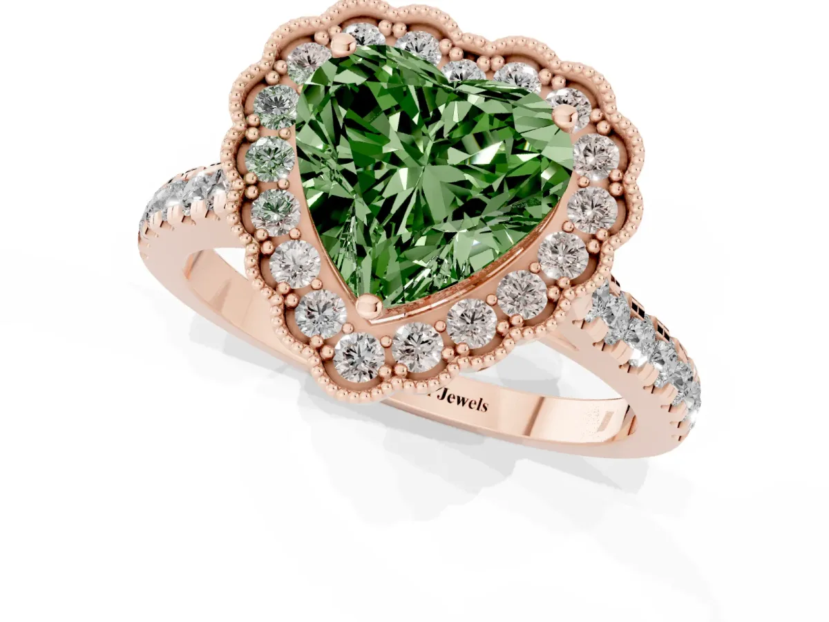 Fancy Green Heart Cut Cut Diamond Milgrain Floral Halo Engagement Ring with Pavé Band Rose gold