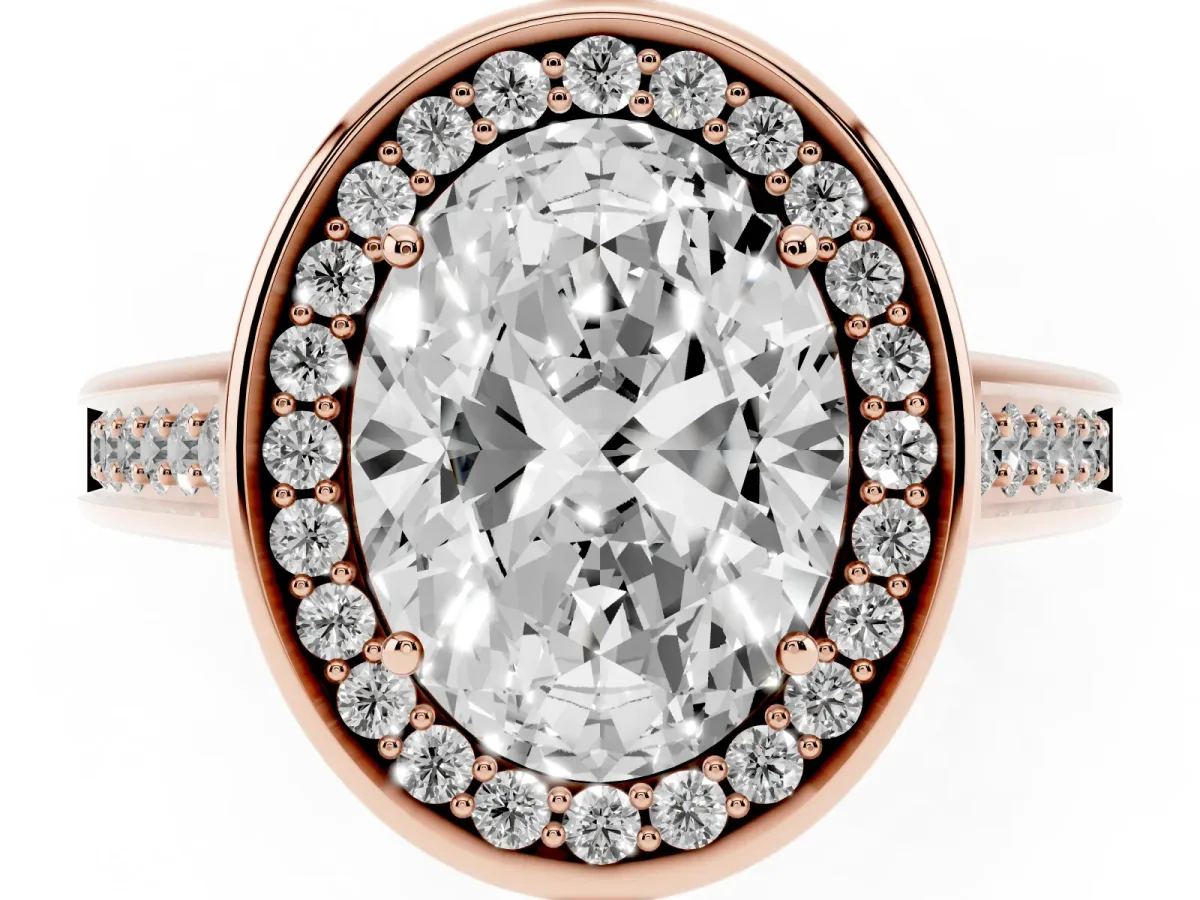 Oval Cut Halo Solitaire Diamond Ring with Pave Band and Bezel Setting Rose gold