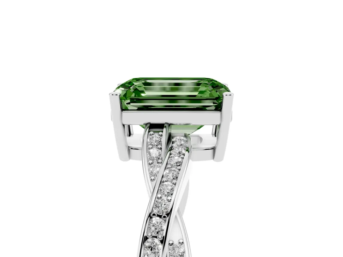Fancy Green Emerald Cut Solitaire Twisted Pave Diamond Ring with Four-Prong Setting Platinum