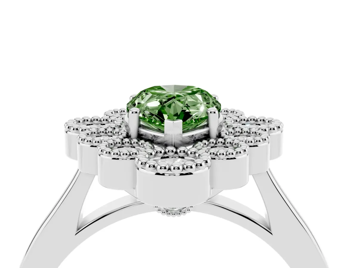 Fancy Green Pear Cut Halo Diamond Cluster Engagement Ring with Milgrain Bezel Setting and Solitaire Band Platinum