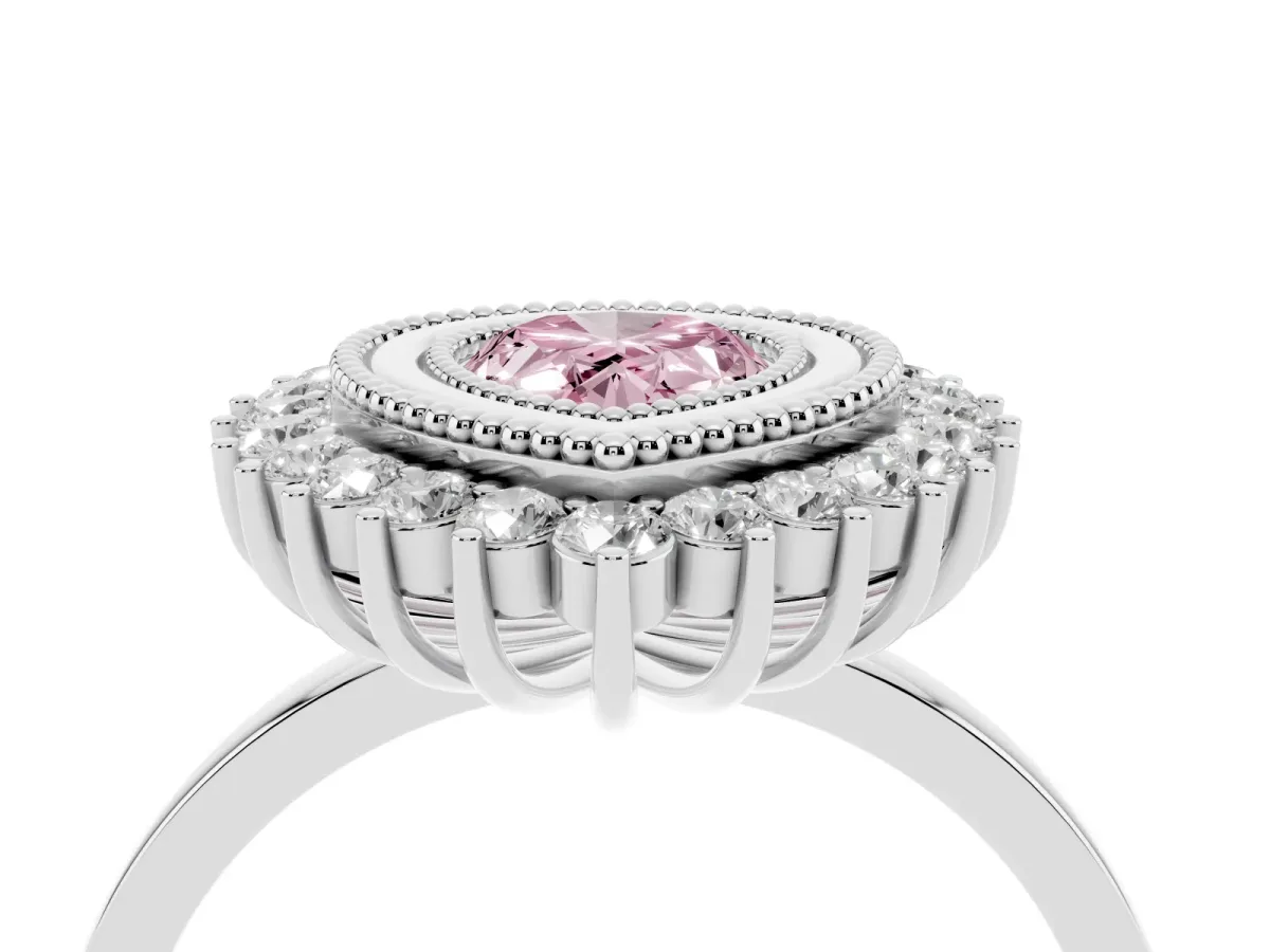 Fancy Pink Pear Cut Halo Diamond Ring with Milgrain Edge and Round Prong Setting Silver