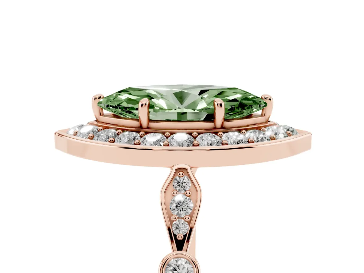 Fancy Green Marquise Cut Halo Diamond Engagement Ring with Twisted Band and Four-Prong Setting Rose gold