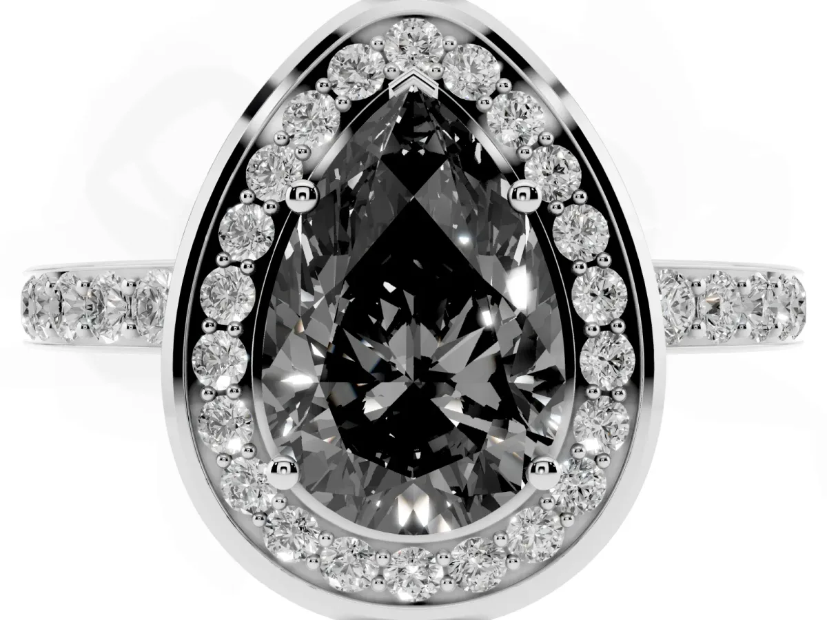 Fancy Black Pear Cut Diamond Halo Ring with Bezel Frame and Pavé Band Silver