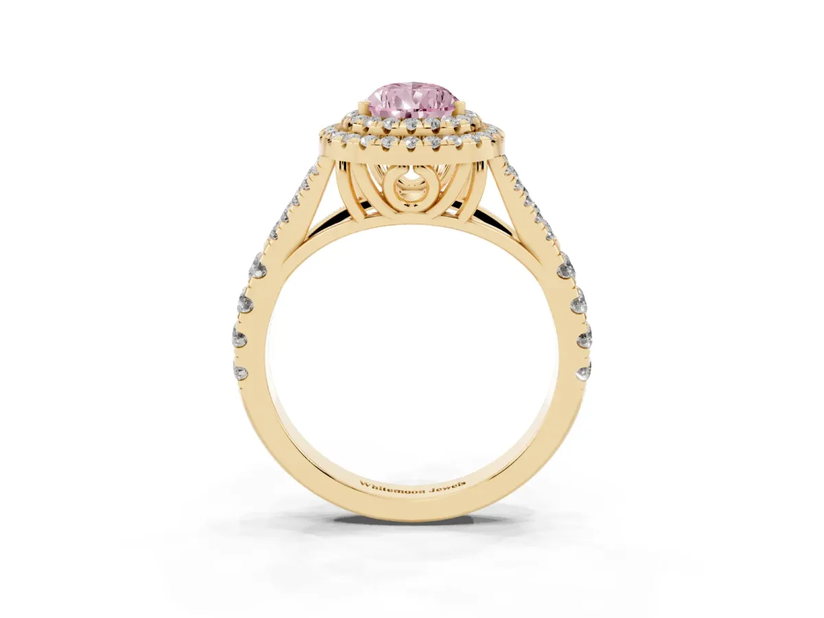 Fancy Pink Double Halo Pear Cut Diamond Split Shank Engagement Ring with Four-Prong Setting Yellow gold