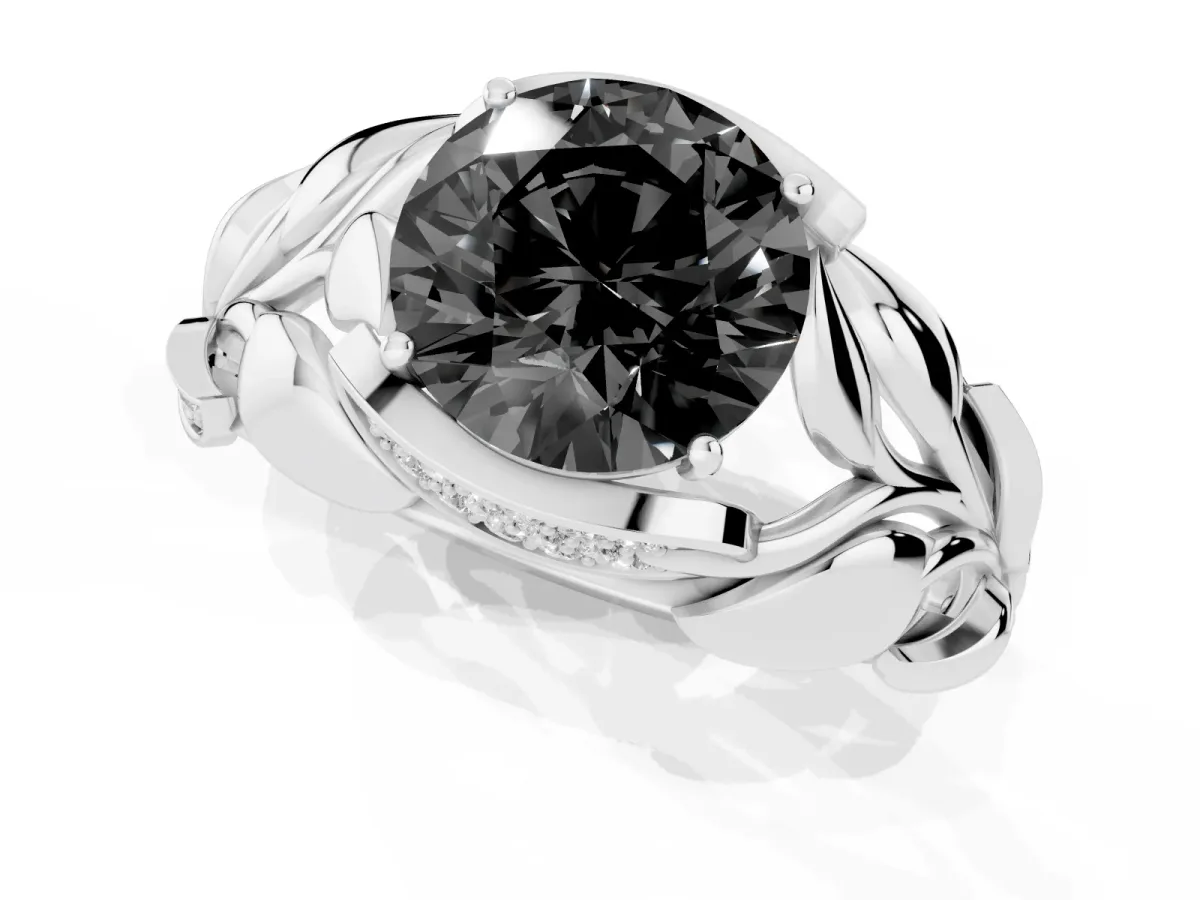 Fancy Black Round Cut Diamond Leaf-Inspired Engagement Ring with Round Accents and Prong Setting Silver