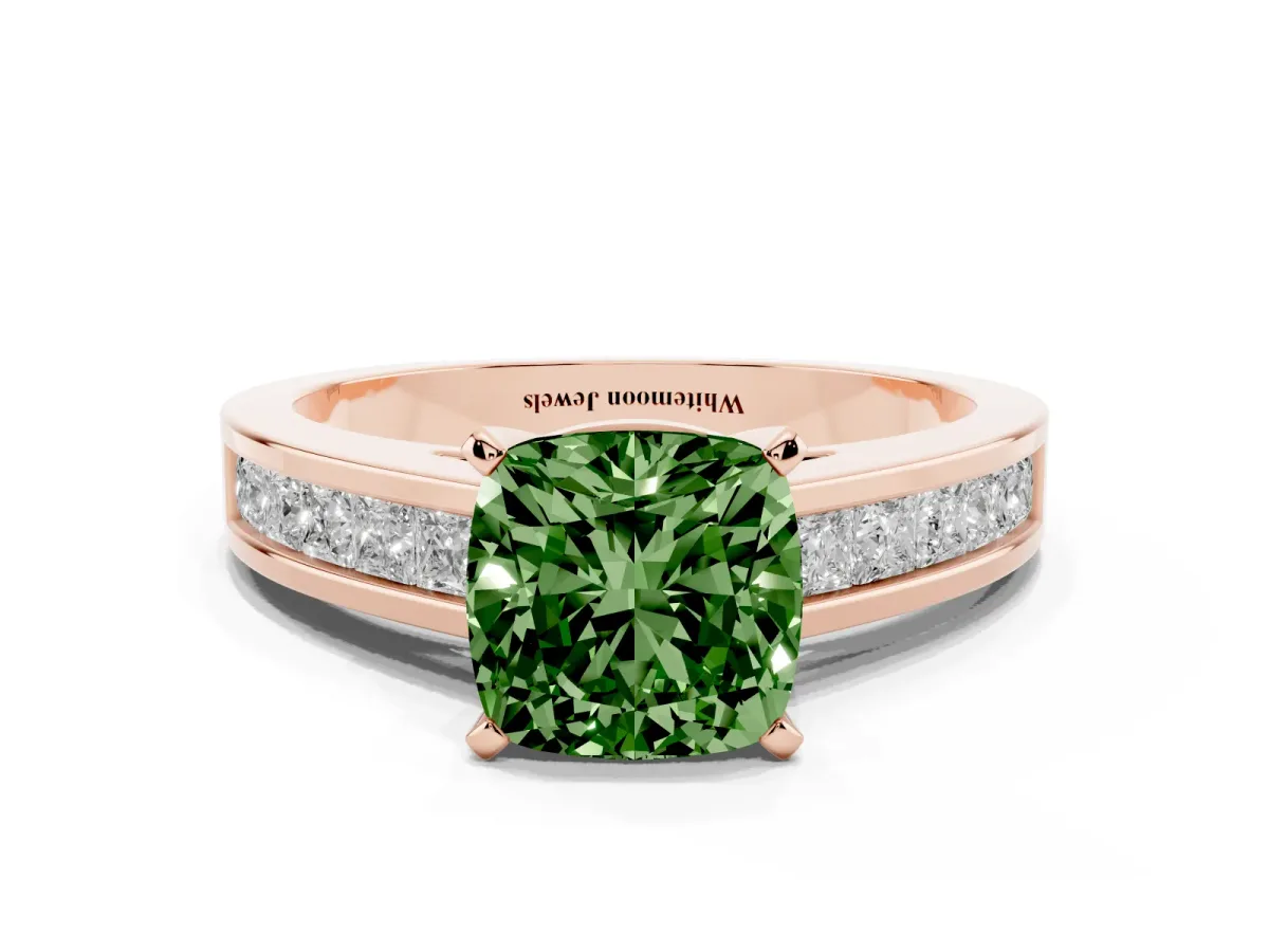 Fancy Green Cushion Cut Solitaire Diamond Ring with Channel-Set Band and Four-Prong Setting Rose gold