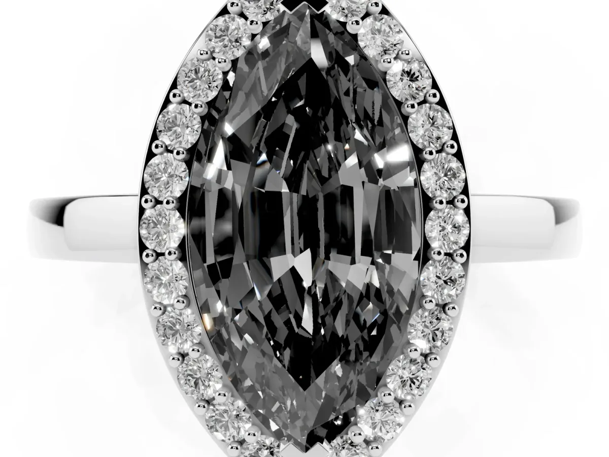 Fancy Black Marquise Cut Halo Diamond Ring with Solitaire Band and Prong Setting Platinum