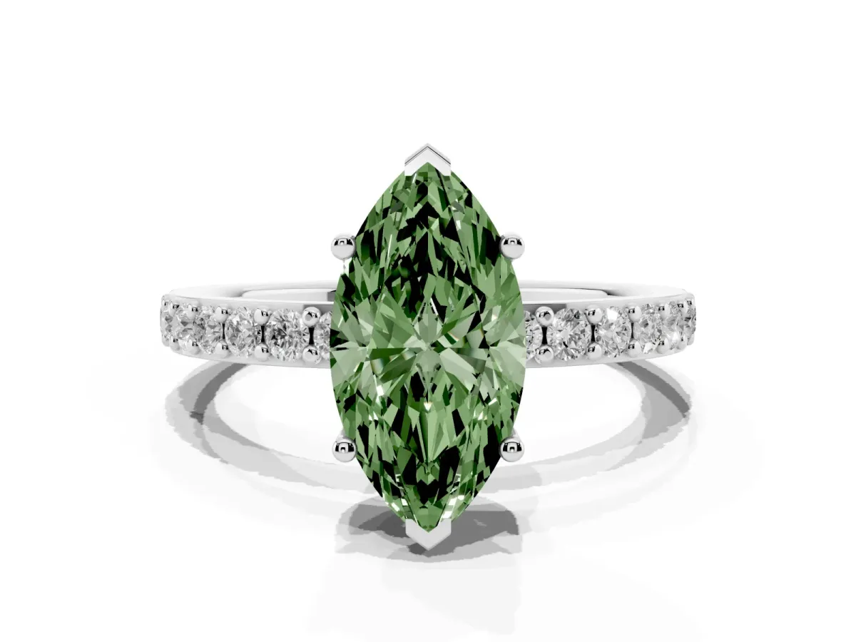 Fancy Green Marquise Cut Cut Diamond Solitaire with Pave Band and Four-Prong Setting Silver