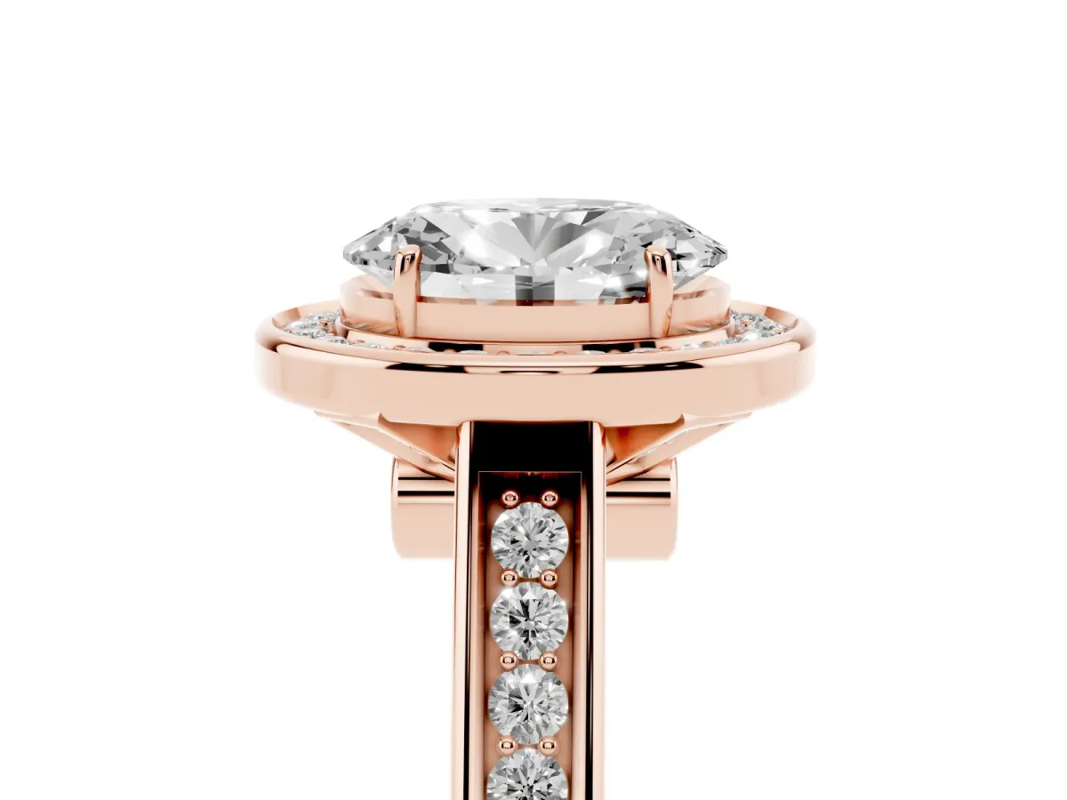 Oval Cut Halo Solitaire Diamond Ring with Pave Band and Bezel Setting Rose gold