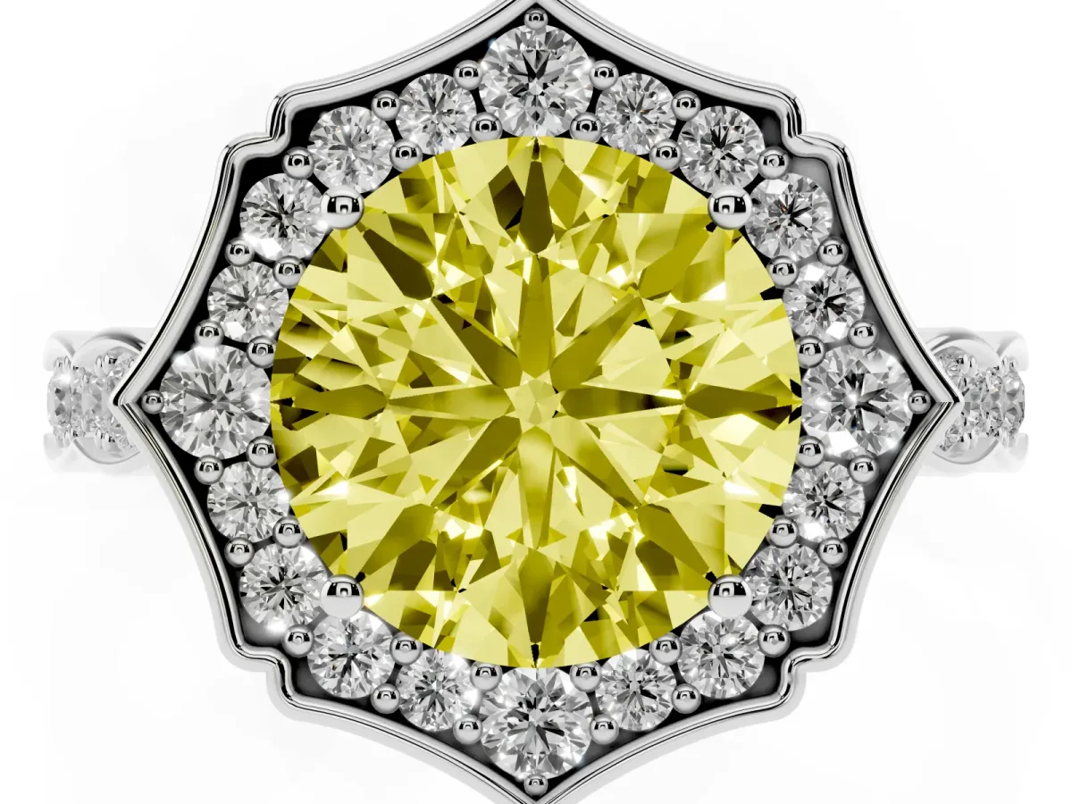Fancy Yellow Round Cut Halo Diamond Engagement Ring with Milgrain Band and Four-Prong Setting Platinum