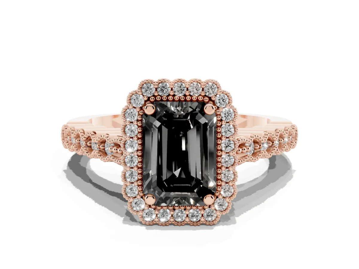 Fancy Black Emerald Cut Cut Halo Pavé Solitaire Ring with Milgrain Band Rose gold