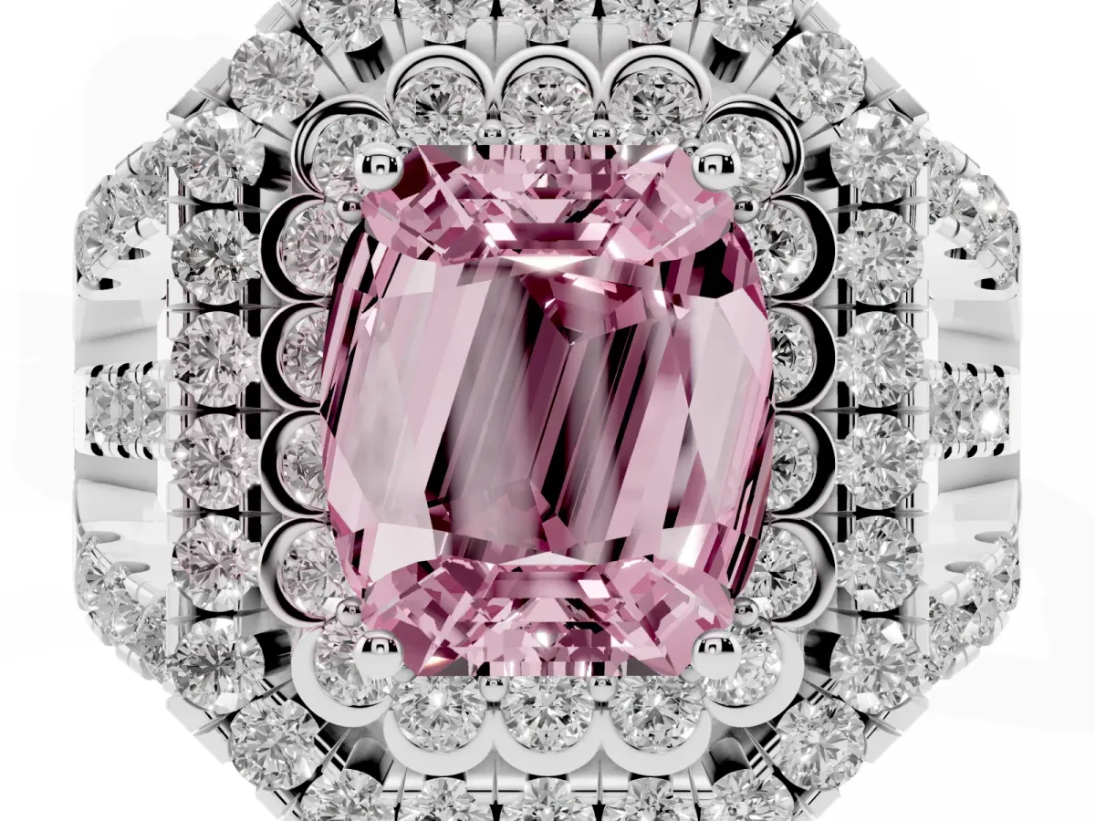Fancy Pink Emerald Cut Diamond Double Halo Ring with Round Pavé Split Shank and Prong Setting Silver