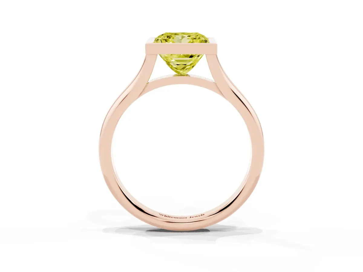 Fancy Yellow Bezel Set Princess Cut Cut Solitaire Ring with Tapered Band Rose gold