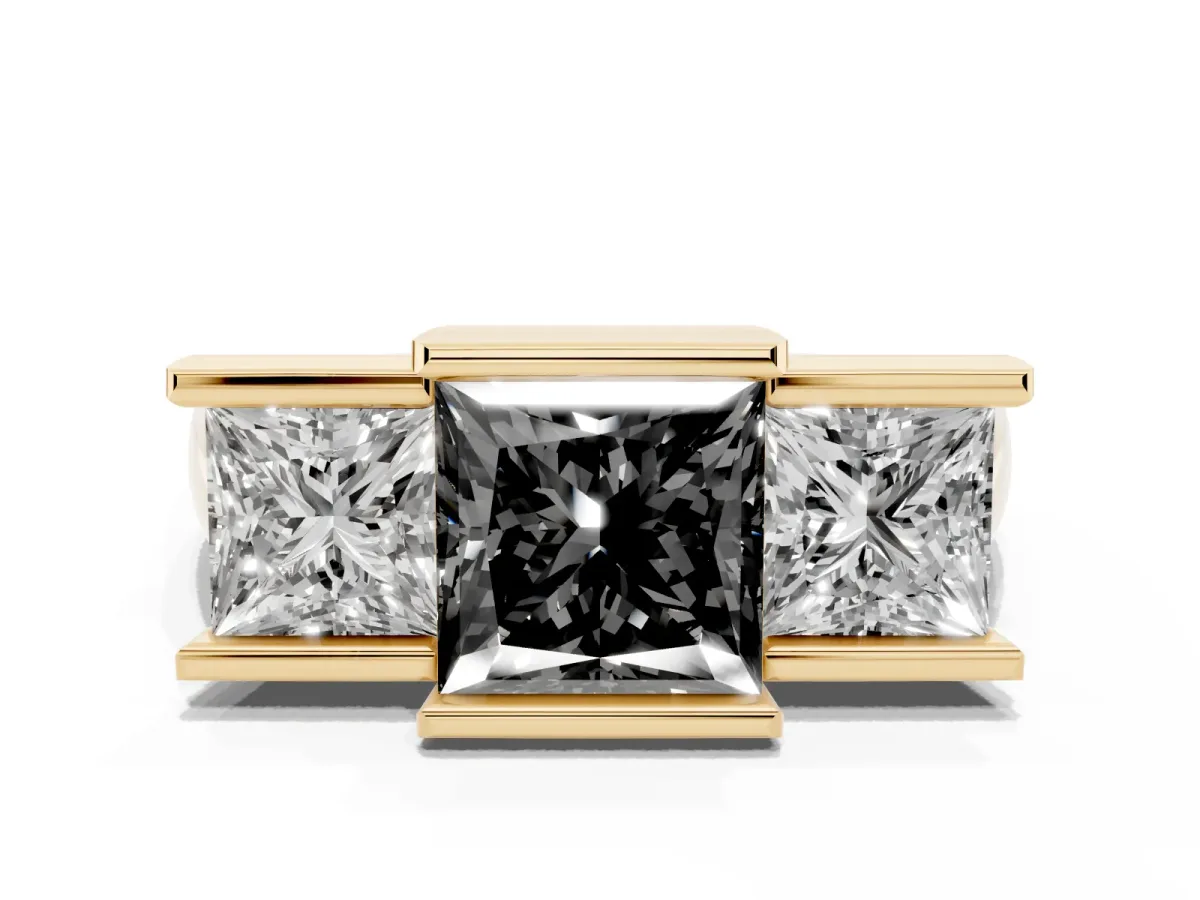 Fancy Black Three Stone Princess Cut Cut Channel Set Diamond Ring Yellow gold