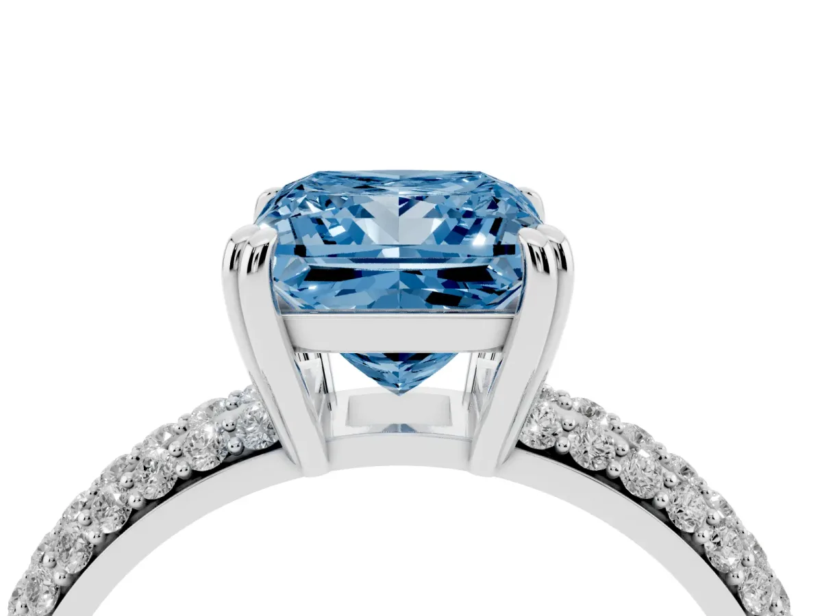 Fancy Blue Princess Cut Diamond Solitaire Ring with Multi-Row Round Pavé Band and Prong Setting Silver