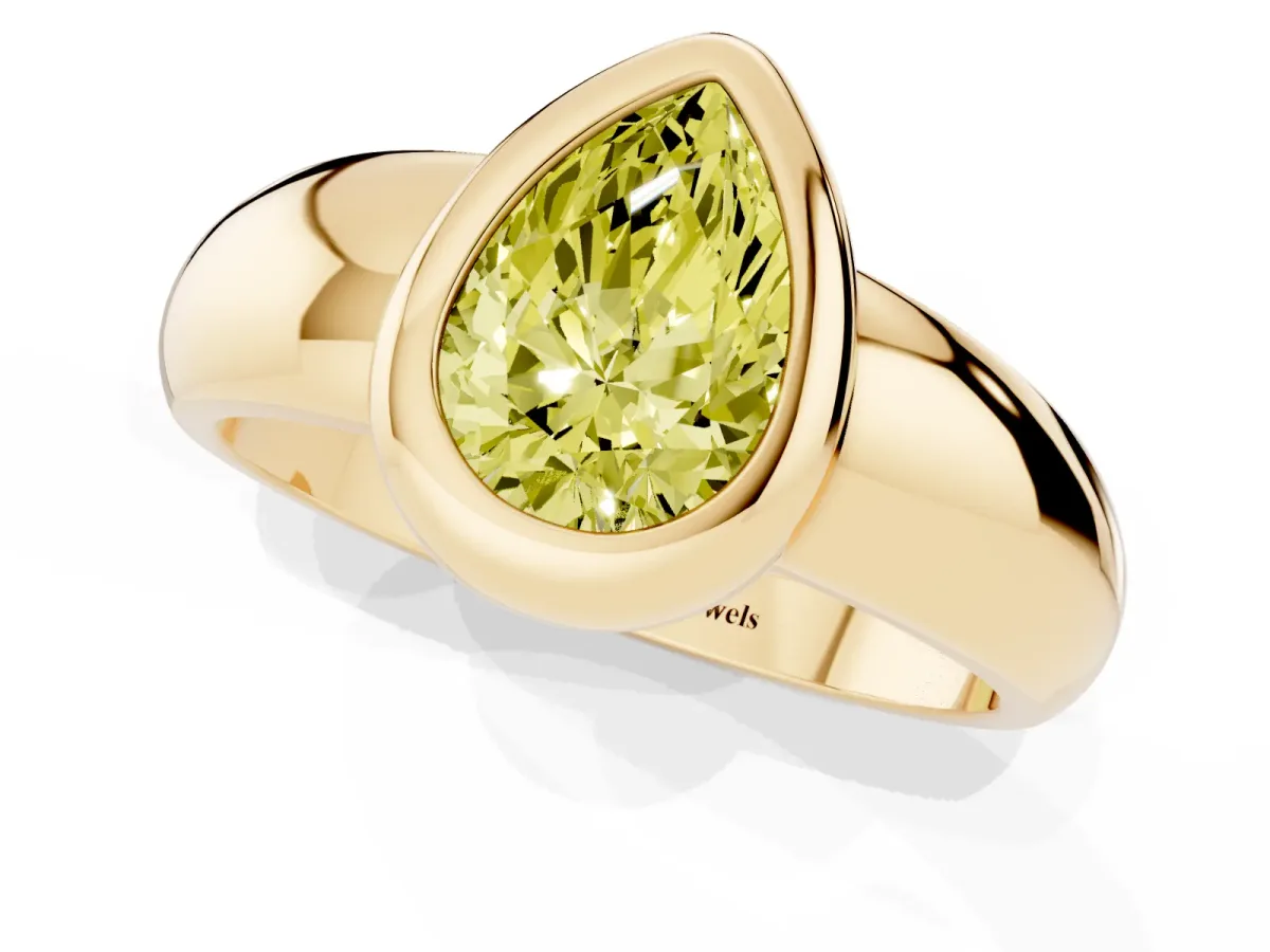 Fancy Yellow Bezel Set Pear Cut Solitaire Ring with Wide Band Yellow gold