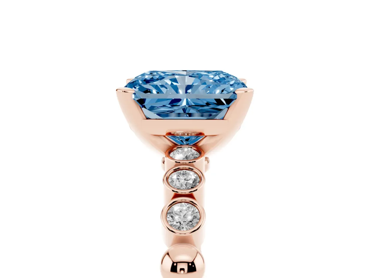 Fancy Blue Radiant Cut Solitaire Bezel Accent Diamond Engagement Ring with Beaded Band and Four-Prong Setting Rose gold
