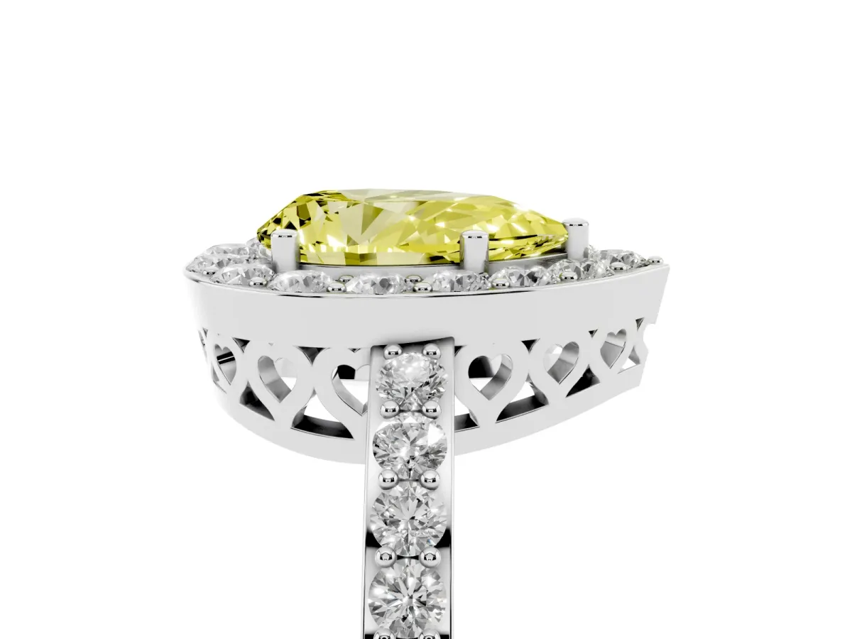 Fancy Yellow Pear Cut Halo Diamond Pavé Band Ring with Prong Setting Silver