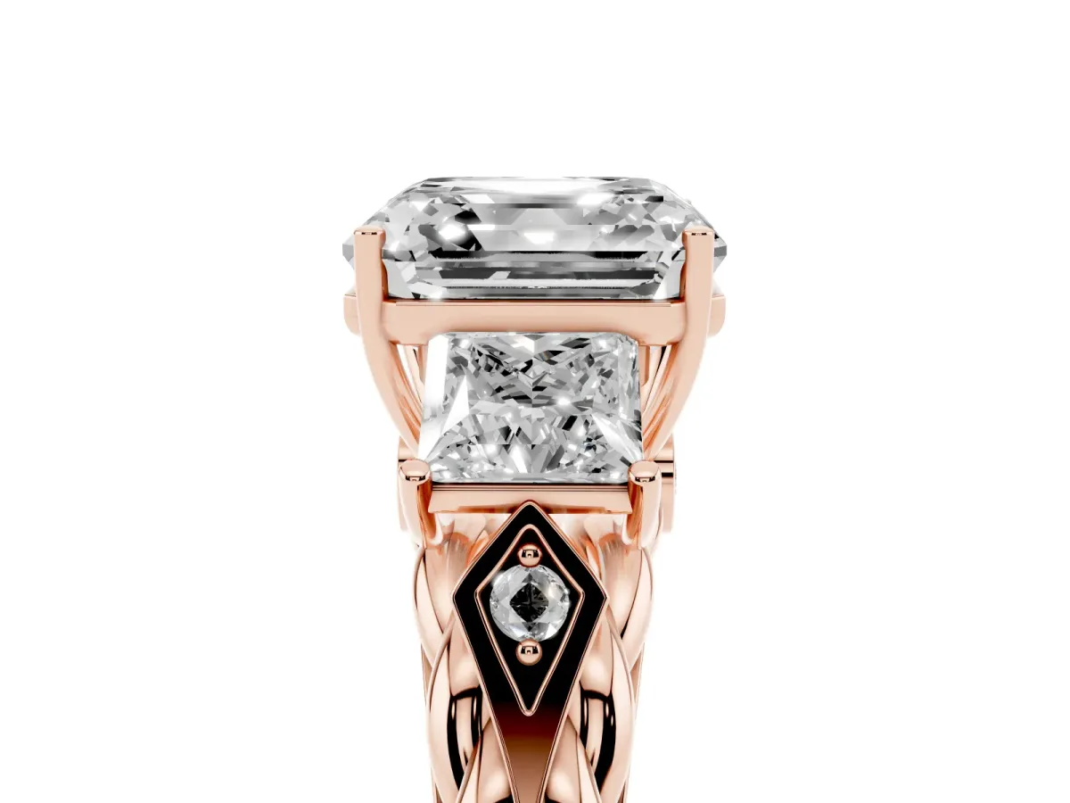 Three-Stone Asscher Cut Diamond Braided Band Ring with Four-Prong Setting Rose gold