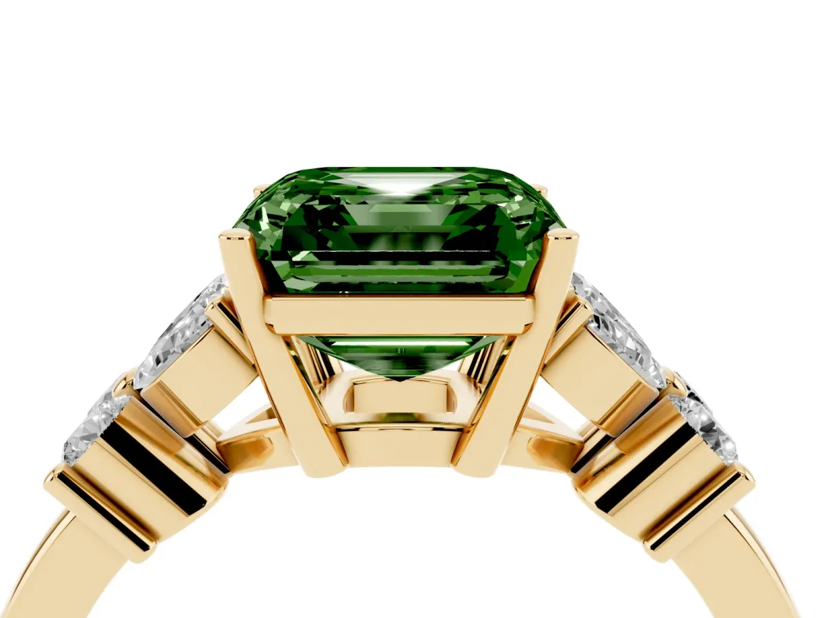 Fancy Green Asscher Cut Diamond Floral Cluster Ring with Solitaire Band and Prong Setting Yellow gold