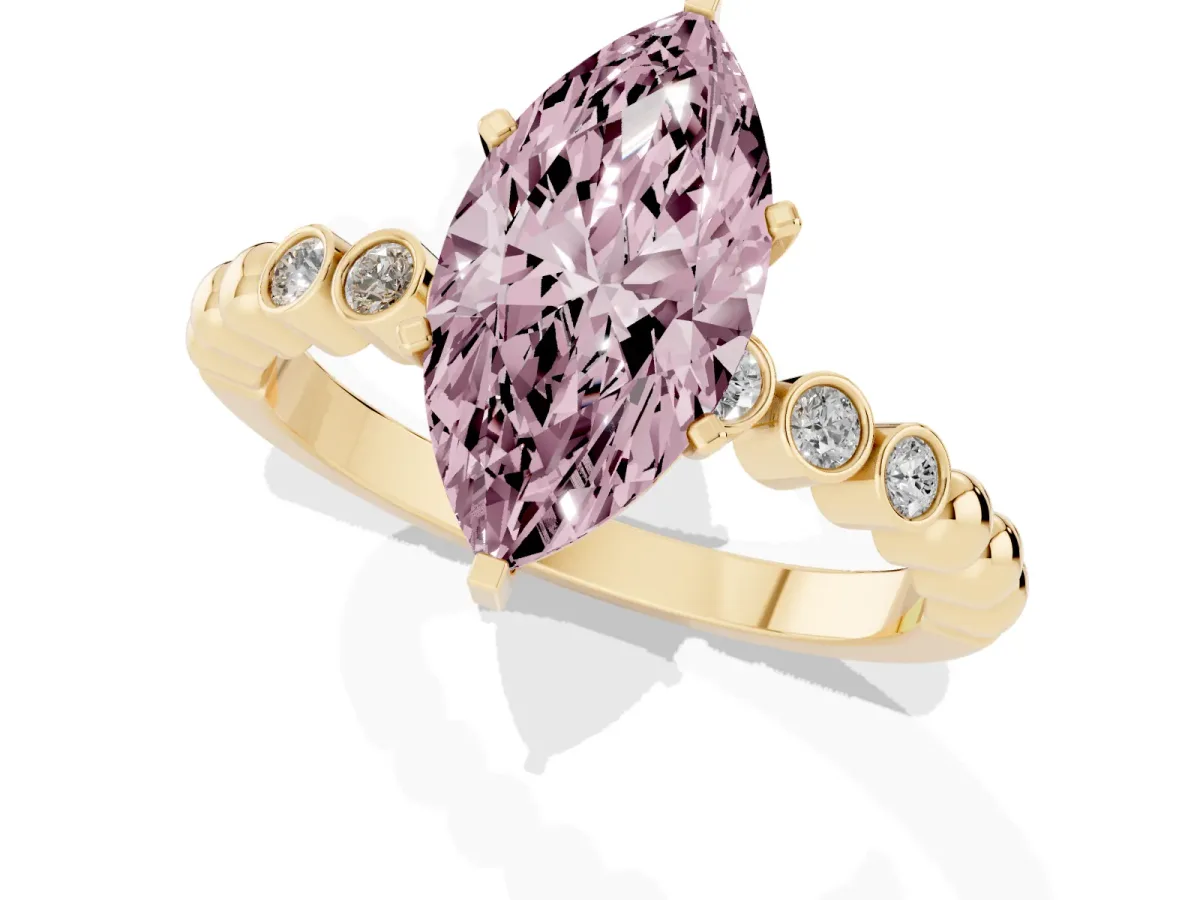 Fancy Pink Marquise Cut Solitaire Bezel Accent Diamond Engagement Ring with Beaded Band and Four-Prong Setting Yellow gold