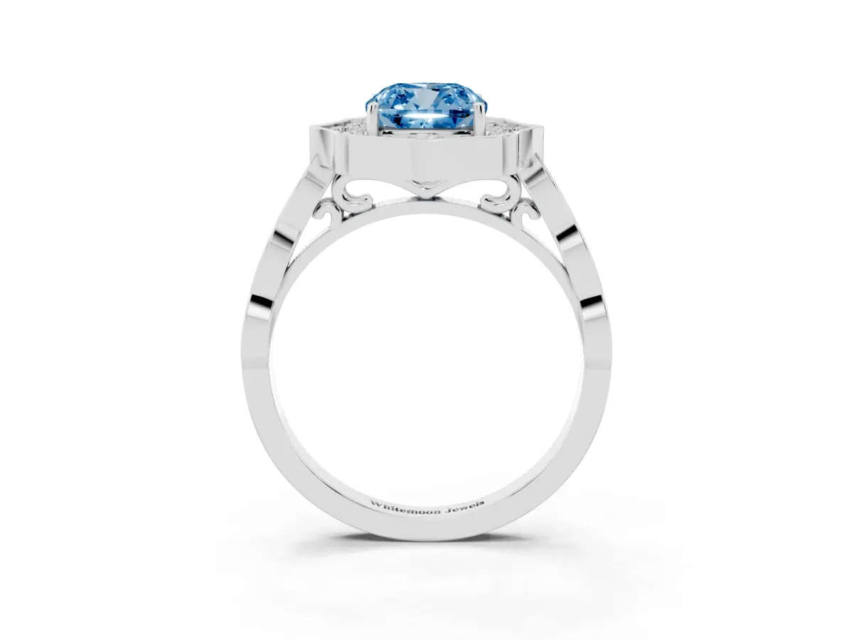 Fancy Blue Cushion Cut Halo Diamond Engagement Ring with Milgrain Band and Four-Prong Setting Platinum