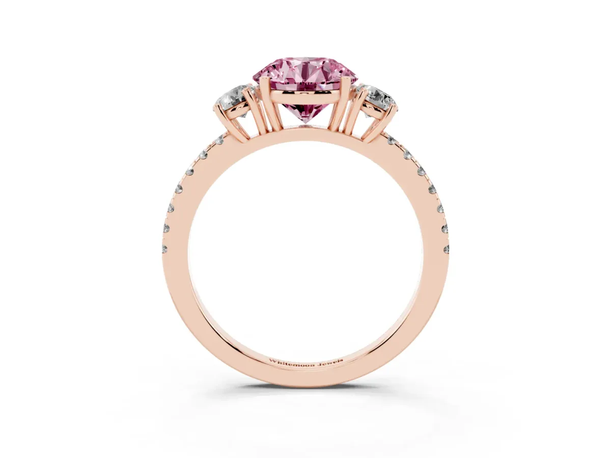 Fancy Pink Three-Stone Round Cut Cut Diamond Pavé Band with Prong Setting Rose gold